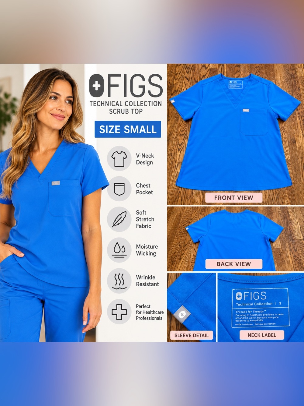 FIGS Technical Collection V-Neck Scrub Top Size Small- Bright Blue